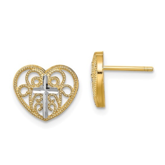 14k yellow Gold Filigree Heart, White Rhodium Cross Post Earrings with push back - Picture 1 of 6